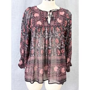Ulla Johnson Bea Silk Floral Peasant Blouse Tassel Tie Burgundy 4
